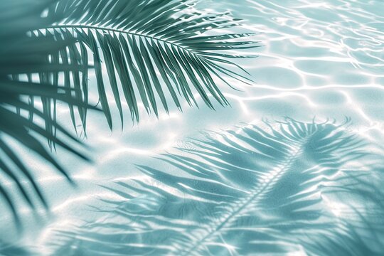 Dancing Shadows on Tranquil Waters: A Captivating View of Palm Leaf Silhouettes on the Gentle Waves of a Crystal Clear Pool