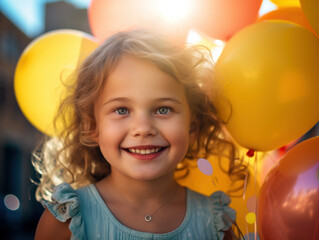 Fototapeta na wymiar Young girl with balloons and a bright smile.