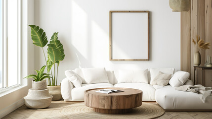 Round wooden coffee table near white sofa against wall with poster frame. Scandinavian home interior design of modern living room