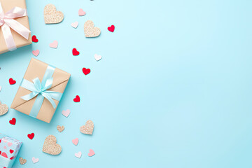 Valentines Day background. Gifts, candle, confetti, envelope on pastel blue background. Valentines day concept. Flat lay, top view, copy space - obrazy, fototapety, plakaty