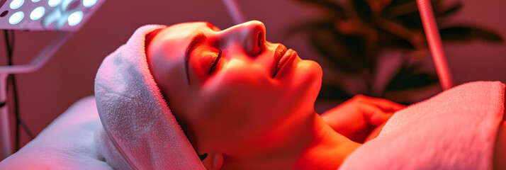 Woman receiving LED light therapy for skin cleansing and anti-aging at a spa resort. - obrazy, fototapety, plakaty