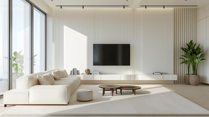 Fototapeta na wymiar White sofa and tv unit in spacious room. Luxury home interior design of modern living room, panorama