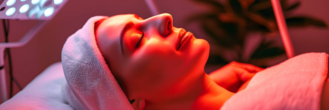 Woman receiving LED light therapy for skin cleansing and anti-aging at a spa resort.