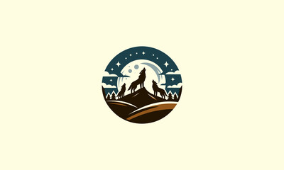 three wolves roar over the hill in the middle of the night vector logo