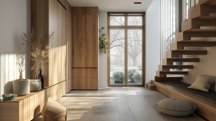 Wooden cabinet near window and staircase. Scandinavian interior design of modern entrance hal - obrazy, fototapety, plakaty