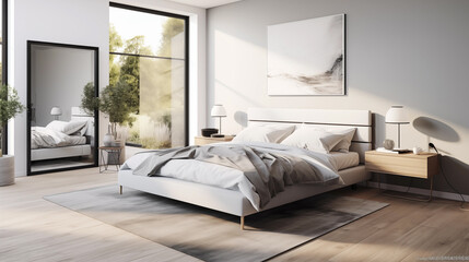 A huge sofa with sheets of fur in an industrial and cosy apartment. Golden hour and fire in the fire place. 