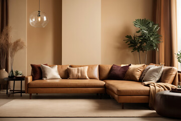 Modern living room with leather sofa and decoration in warm beige background design.