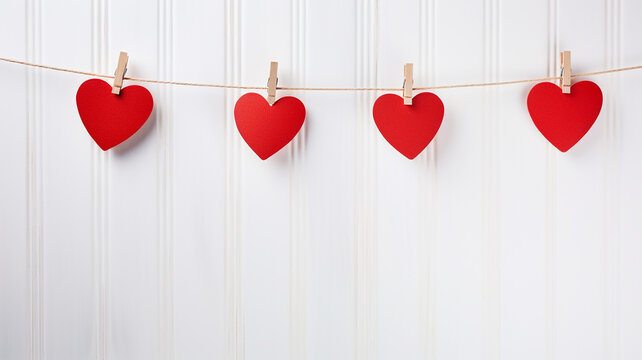 red heart hanging on clothesline on white wooden