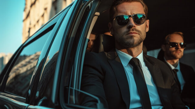 Professional team of male bodyguards at work. protect a VIP celebrity person in car limousine. Bodyguard and VIP person security protection. Agent in civilian black suit.