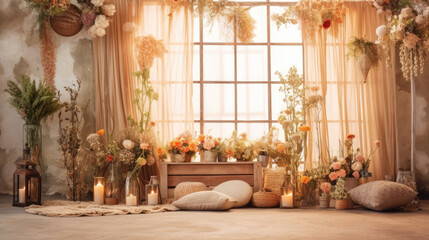 Blank canvas of a soft indoor window curtain photo backdrop, offering endless possibilities for your creative projects and designs