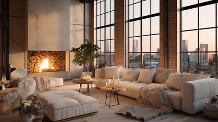A huge sofa with sheets of fur in an industrial and cosy apartment. Golden hour and fire in the fire place. 
