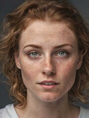 red-haired woman with freckles in a white T-shirt