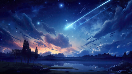 beautiful anime manga inspired realistic shooting star on the sky - obrazy, fototapety, plakaty