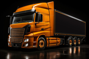 Orange truck with a container on a dark background. Mock-up for design