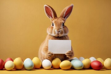 easter bunny with eggs and greeting card on yellow backdrop