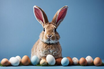 Fototapeta na wymiar easter bunny with egg on blue, card designs