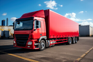 Fototapeta na wymiar Red delivery cargo truck with long empty trailer with mockup space, industrial background