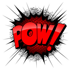 Inscription "pow" against the background of bright explosion. Vector illustration in comic style