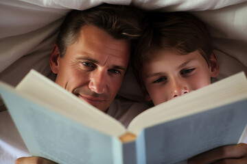 Father and son reading a book while lying on the bed. Concept of parental education of children