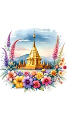 Beautiful illustration of golden pagoda with colorful flowers in watercolor style.