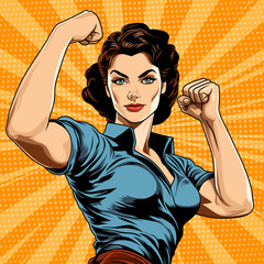 Woman shows her biceps, demonstrating her feminine strength. Gender equality concept. Vector illustration in comic style