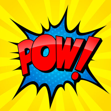 Inscription "pow" against the background of bright explosion. Vector illustration in comic style