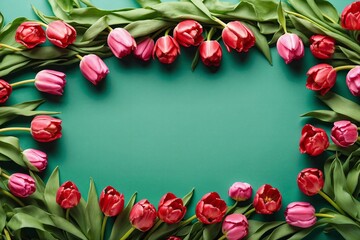 tulips frame on green backdrop, copy space, banner with flowers