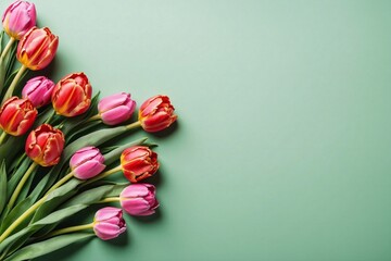 tulips on green backdrop, copy space, banner with flowers