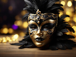 Mardi Gras Shiny Golden Carnival mask Black Feathers Background. Generative AI