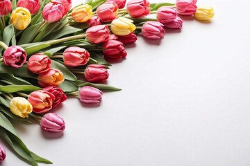 colorful tulips on white, copy space