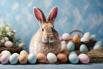easter bunny with eggs on pastel blue, copy space, card designs