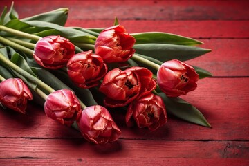 red tulips on wooden background