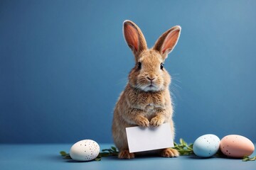 easter bunny with eggs on blue background, copy space, card designs
