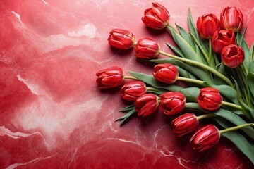 red tulips on marble background with copy space