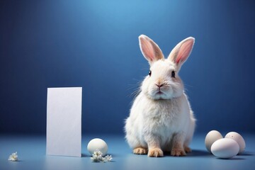 white rabbit with easter eggs on blue, card for advertising