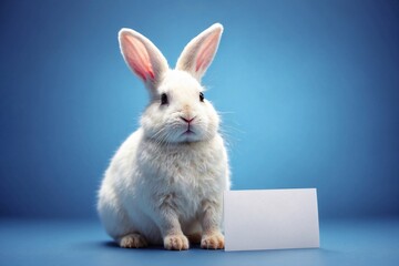 white rabbit on blue backdrop, copy space, card for advertising