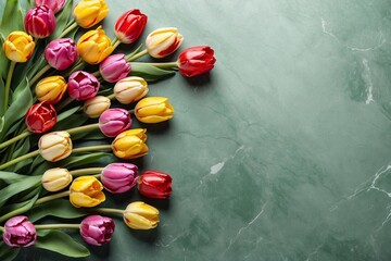 tulips on marble background, copy space, banner