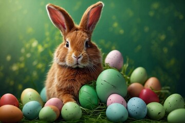 easter ginger cute bunny with easter egg on green background, ideals for greetings