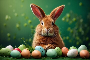 easter ginger bunny with easter egg on green backdrop, ideal for greetings