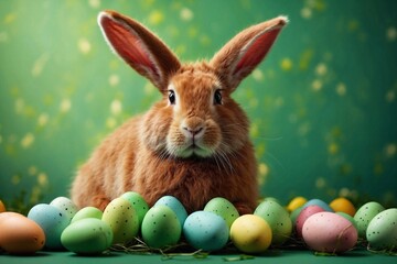 easter ginger bunny with easter egg on green background, ideals for greetings