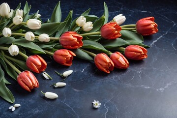 tulips and snowdrops on blue marble