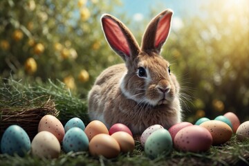 easter bunny with easter egg on nature backdrop, ideas for greetings