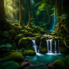 A cascading waterfall hidden deep within an enchanted forest, surrounded by lush greenery and vibrant, otherworldly flora