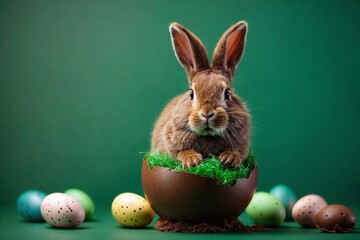 easter bunny in chocolate easter egg on green backdrop, perfect for greetings