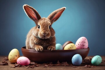 easter bunny in chocolate easter egg on blue