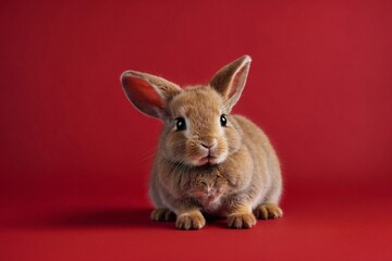 cute rabbit on red backdrop, copy space