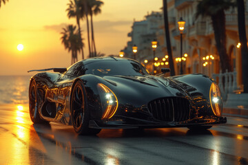 Futuristic sports super concept car on the street of a European city, street racing on expensive exclusive luxury auto © staras