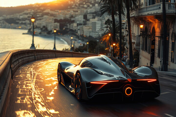 Futuristic sports super concept car on the street of a European city, street racing on expensive exclusive luxury auto © staras