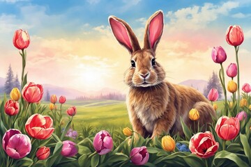 easter bunny and tulips, meadow view, watercolor style, traditional decorations, perfect for cards, greetings