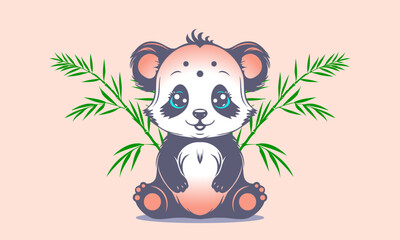 Vector cute little beautiful sitting panda baby with green bamboo branches. Fluffy toy. Label or sticker. Isolated background.